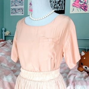 100% Silk Boxy Blush Pink Blouse w Bow Pocket